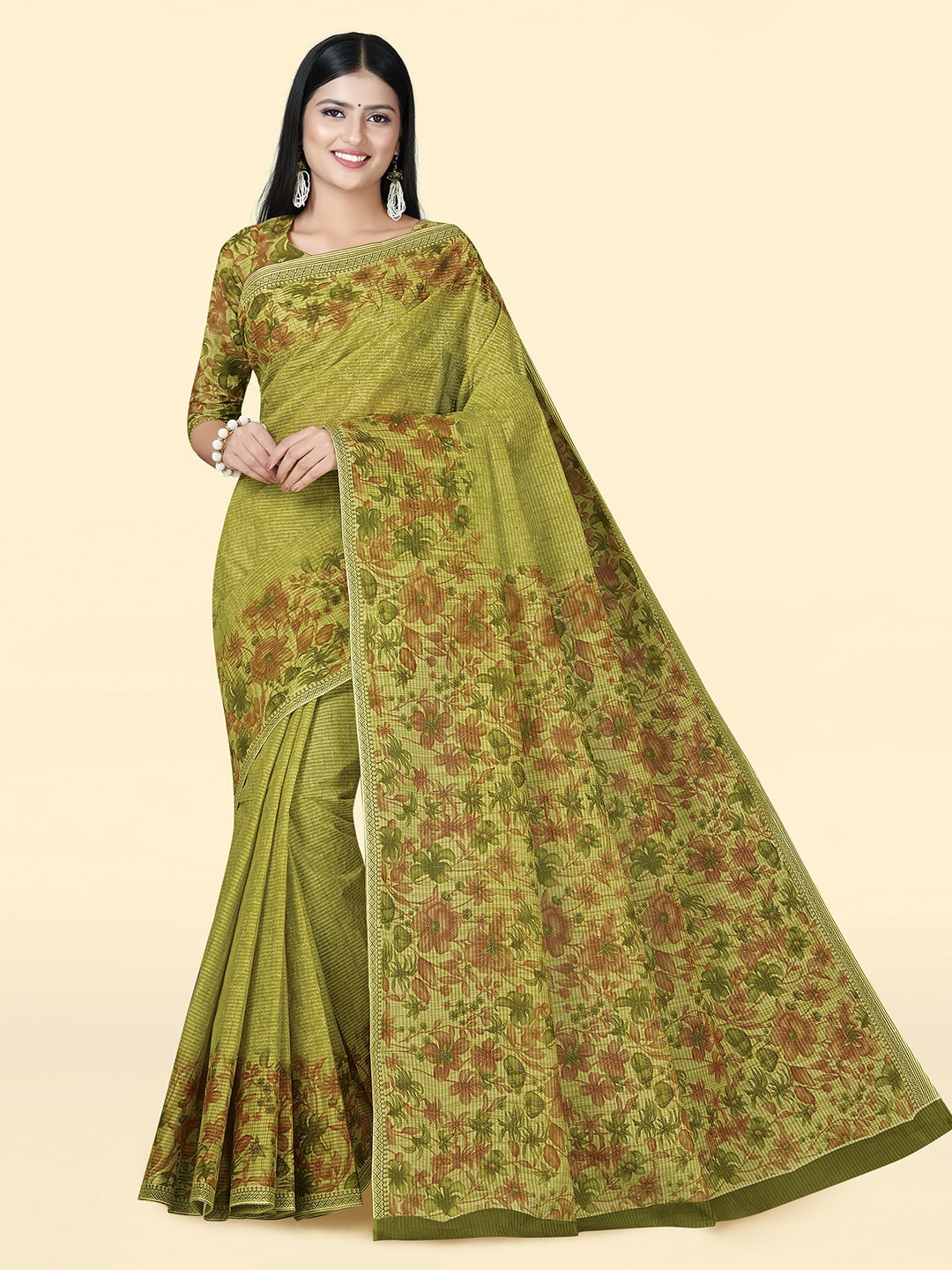 

SHANVIKA Floral Block Printed Pure Cotton Saree, Green