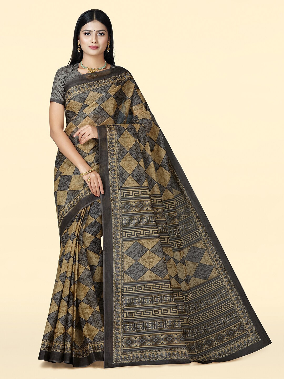 

SHANVIKA Abstract Block Printed Pure Cotton Saree, Beige