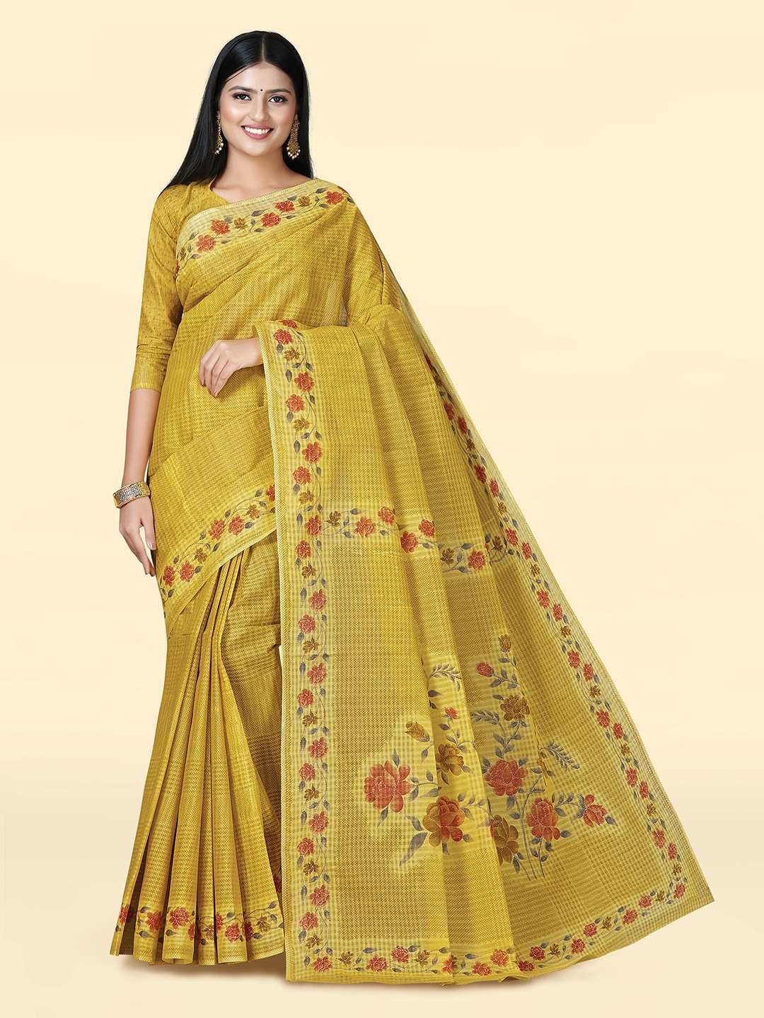 

SHANVIKA Floral Block Printed Pure Cotton Saree, Yellow
