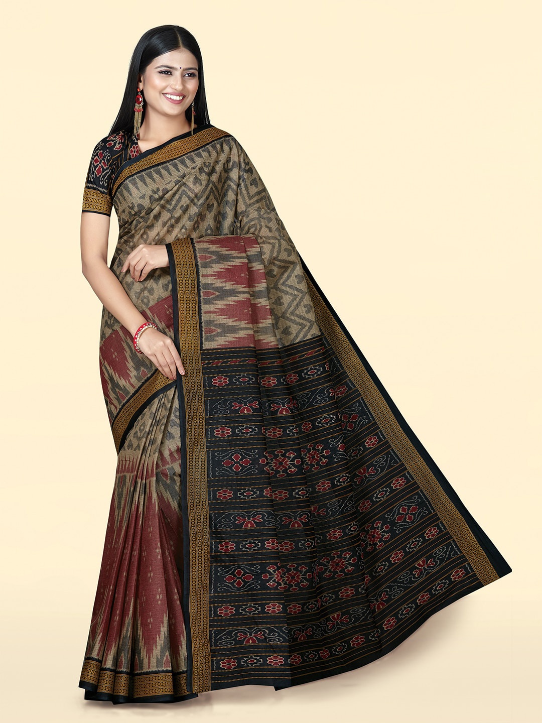 

SHANVIKA Ethnic Motifs Block Printed Pure Cotton Saree, Brown