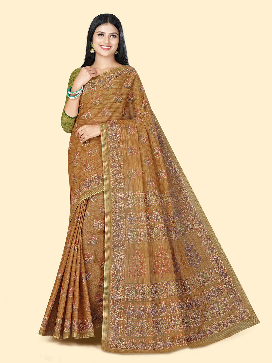 

SHANVIKA Ethnic Motifs Block Printed Pure Cotton Saree, Orange