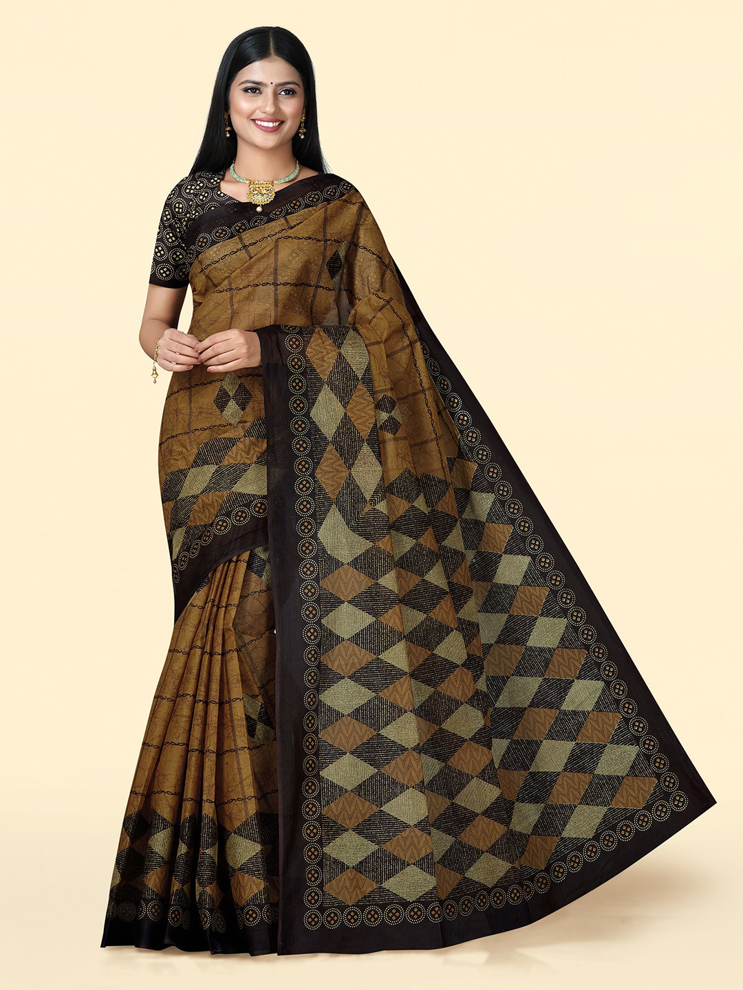 

SHANVIKA Geometric Printed Pure Cotton Block Print Saree, Brown