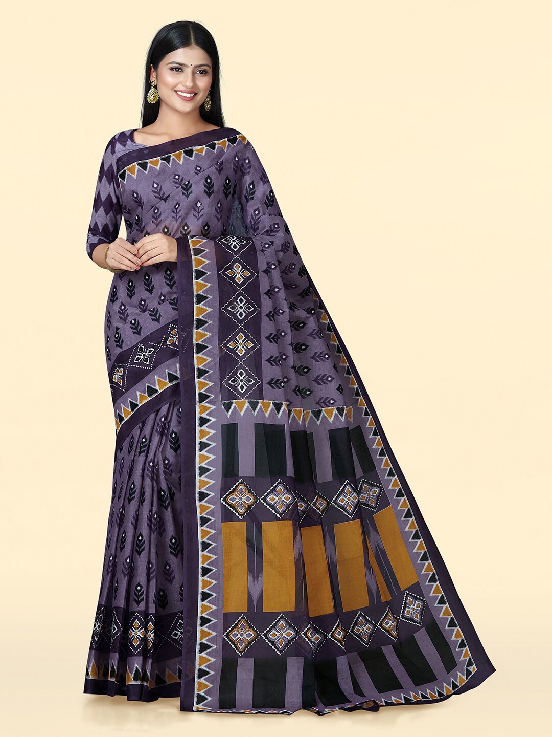 

SHANVIKA Ethnic Motifs Printed Pure Cotton Block Print Saree, Lavender