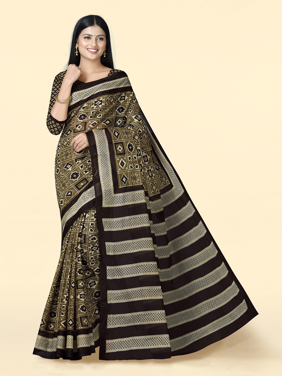 

SHANVIKA Ethnic Motifs Printed Pure Cotton Block Print Saree, Brown