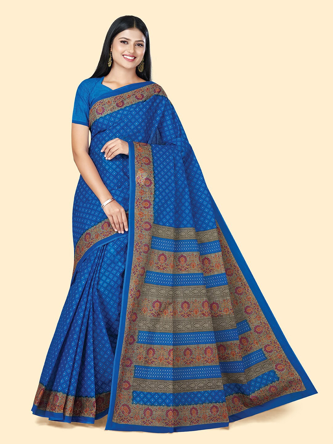 

SHANVIKA Geometric Printed Pure Cotton Block Print Saree, Blue