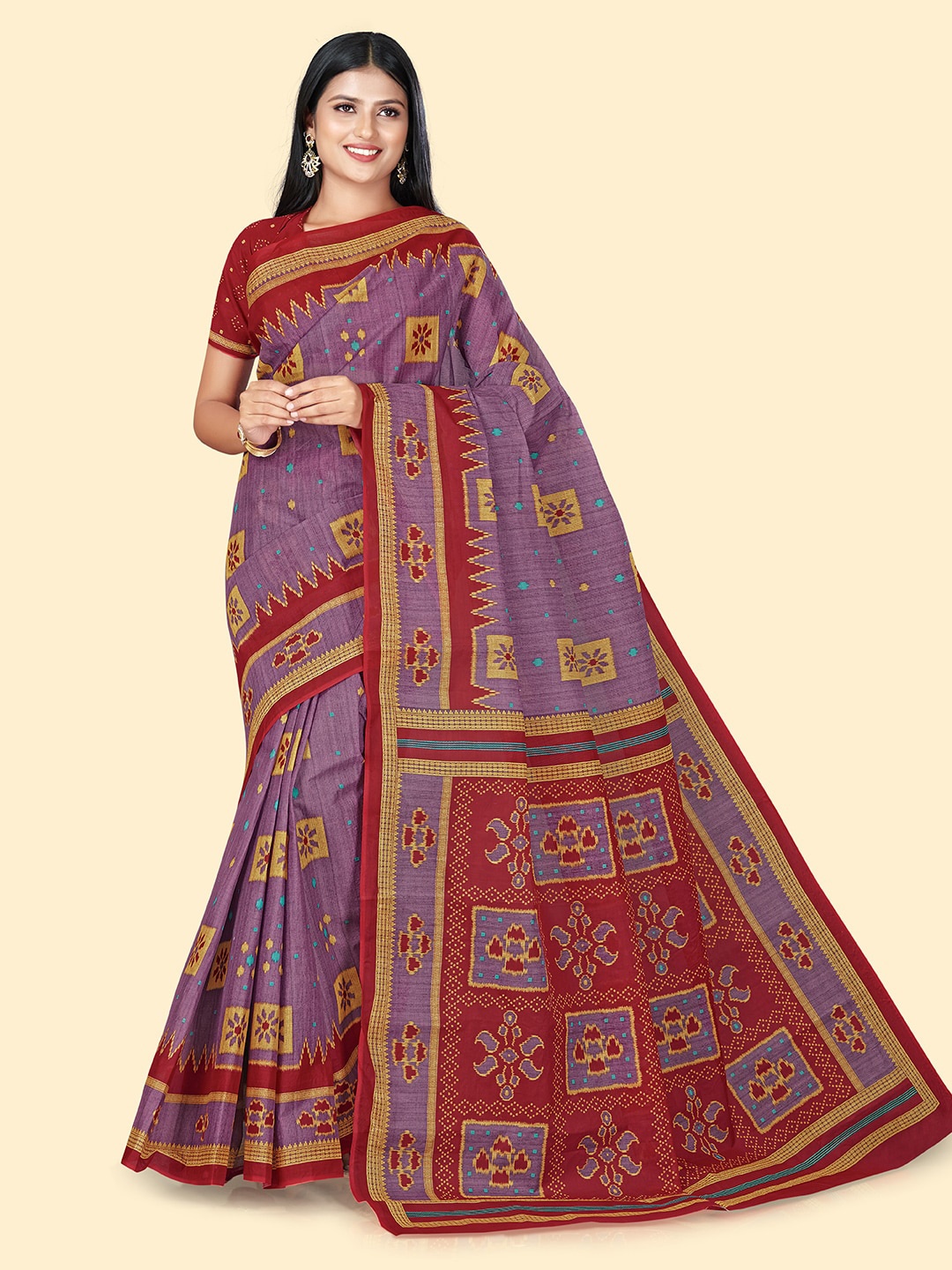 

SHANVIKA Ethnic Motifs Printed Pure Cotton Block Print Saree, Lavender
