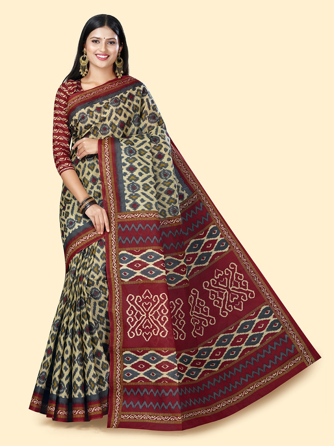 

SHANVIKA Geometric Printed Pure Cotton Block Print Saree, Beige