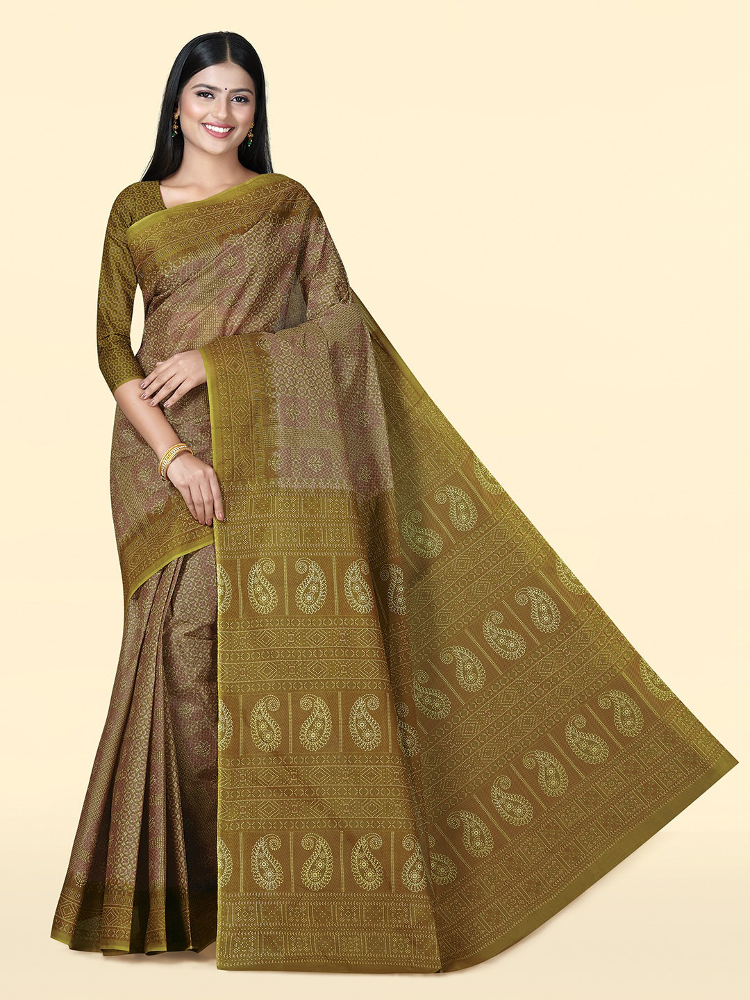 

SHANVIKA Ethnic Motifs Printed Pure Cotton Block Print Saree, Olive