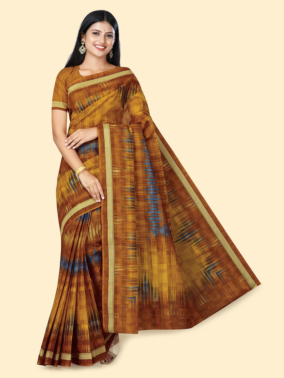 

SHANVIKA Geometric Printed Pure Cotton Block Print Saree, Mustard