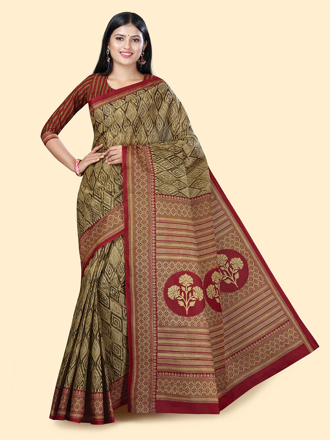 

SHANVIKA Geometric Printed Pure Cotton Block Print Saree, Brown