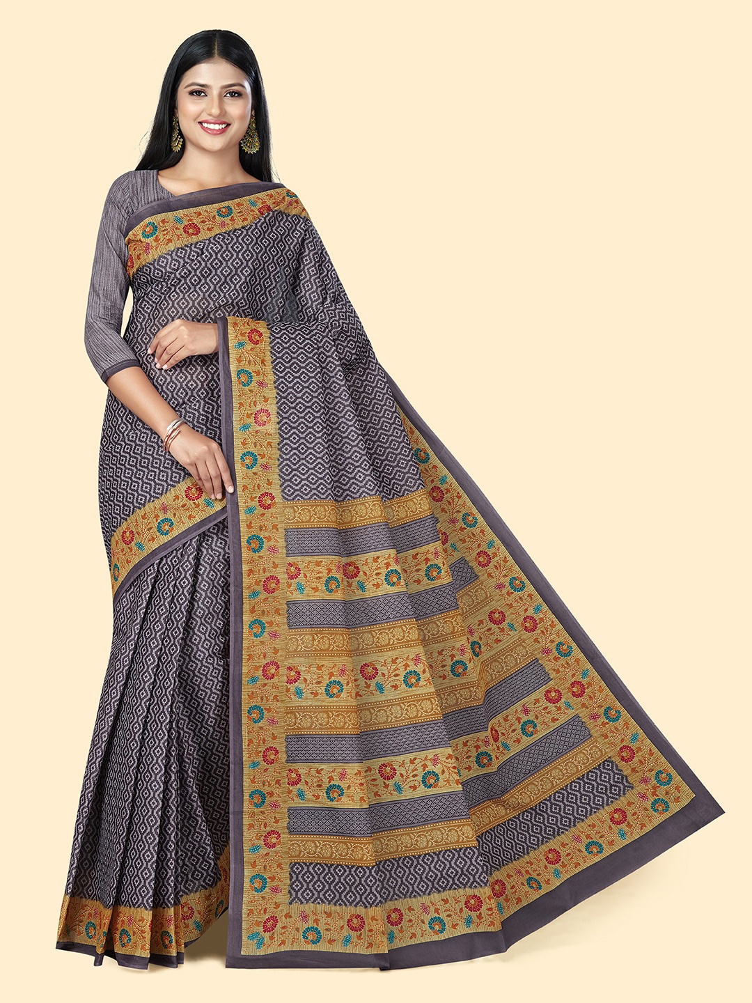 

SHANVIKA Geometric Printed Pure Cotton Block Print Saree, Purple