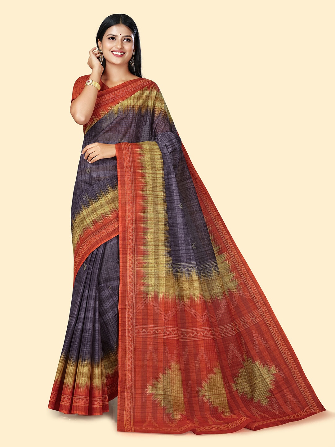 

SHANVIKA Geometric Printed Pure Cotton Block Print Saree, Purple