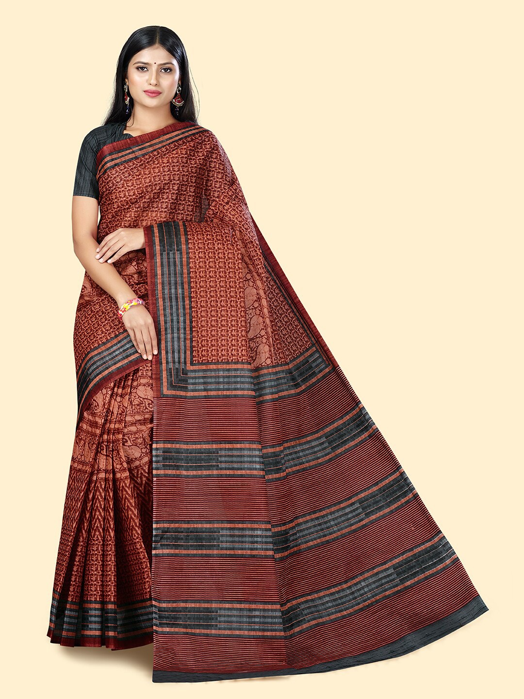 

SHANVIKA Abstract Printed Pure Cotton Block Print Saree, Rust
