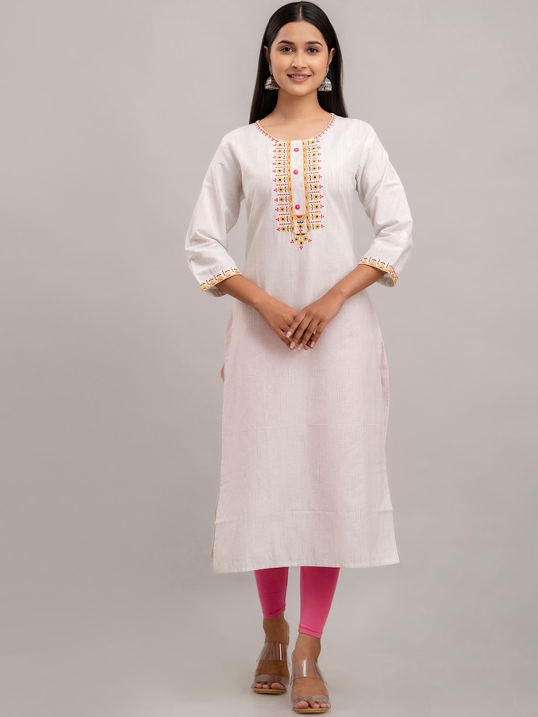

CKM Floral Yoke Design Thread Work Cotton Kurta, White