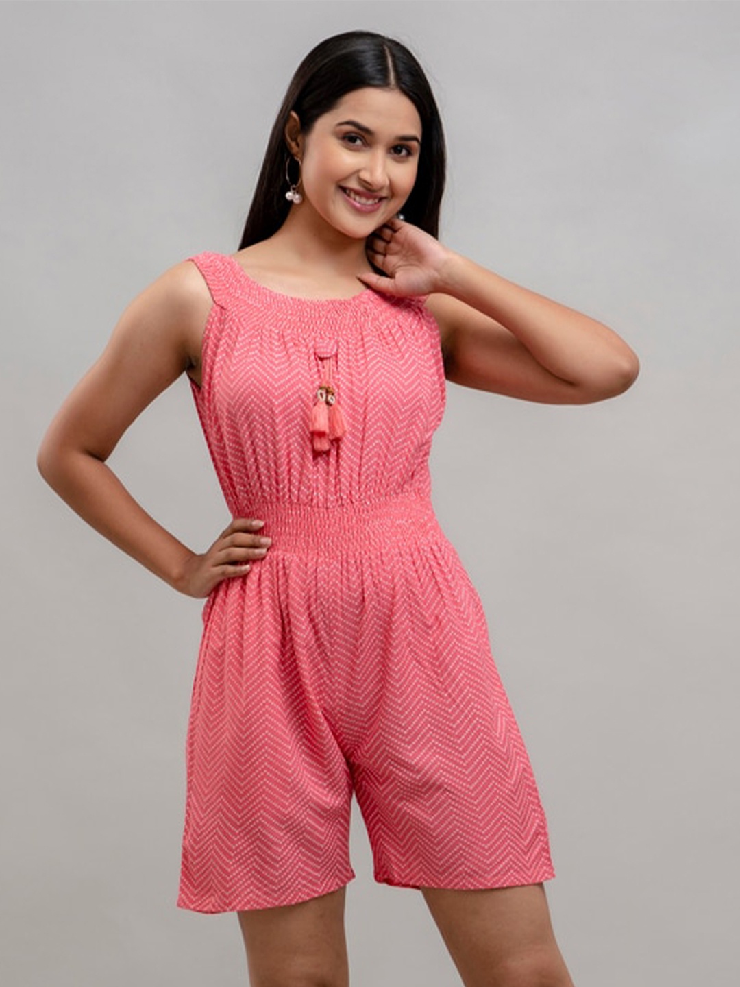 

CKM Printed Round Neck Jumpsuit, Peach