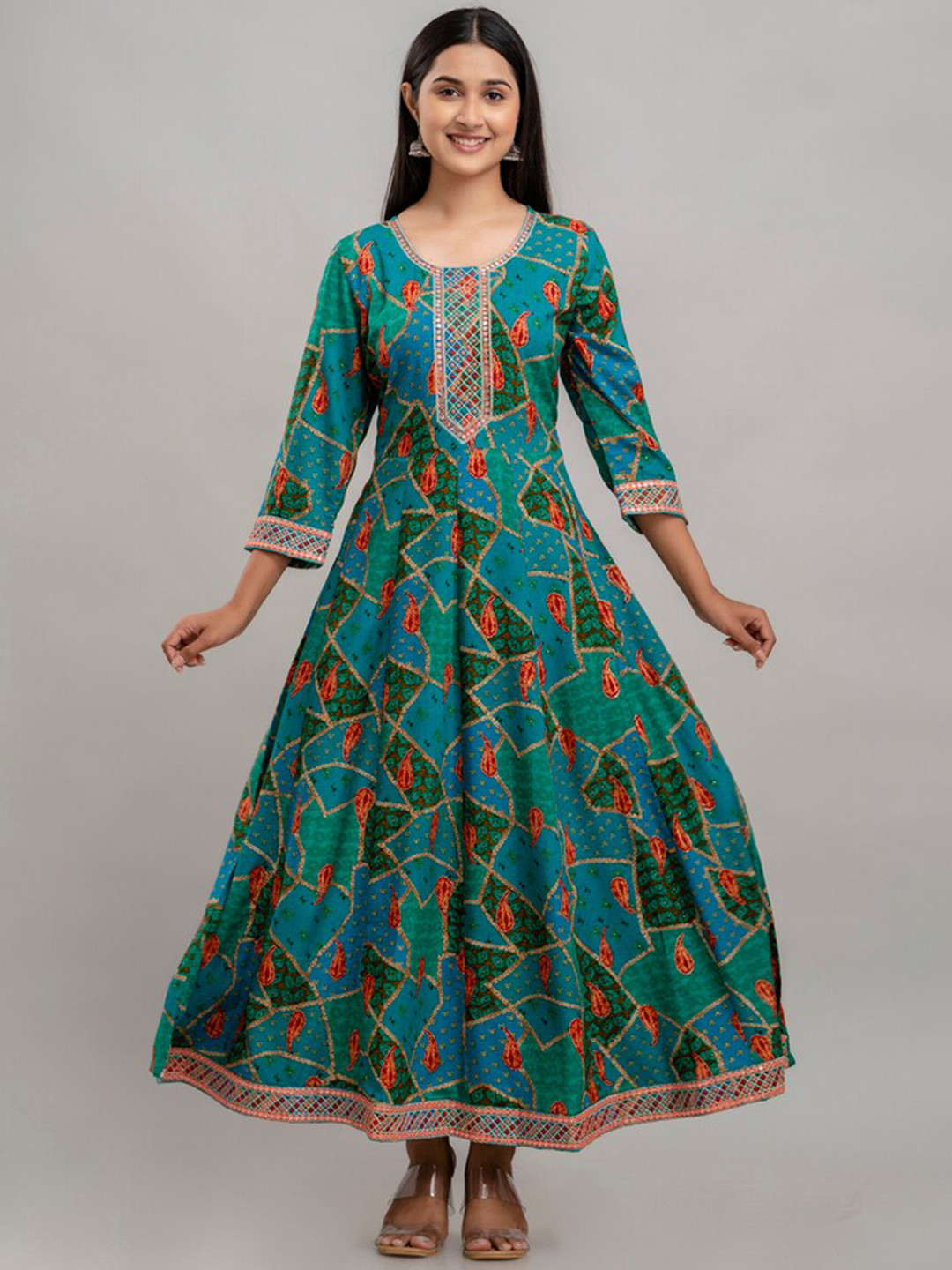 

CKM Ethnic Motifs Embroidered Embellished Detailed A-Line Ethnic Dress, Green