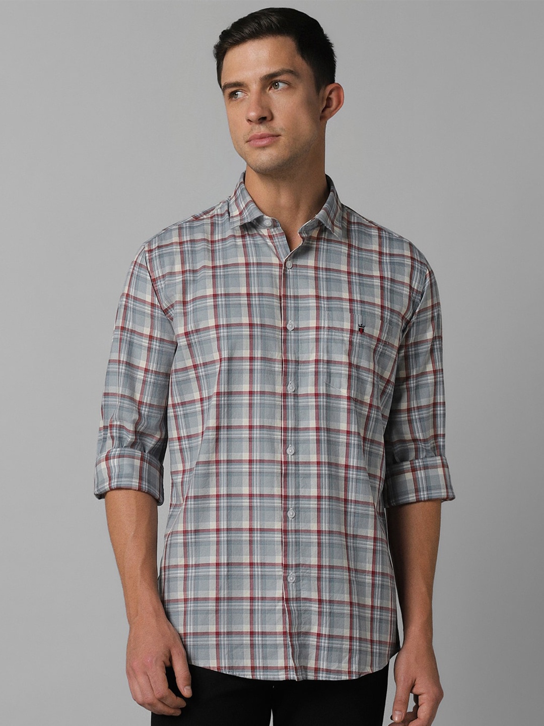 Louis Philippe Sport Slim Fit Tartan Checks Checked Pure Cotton Casual Shirt, Grey