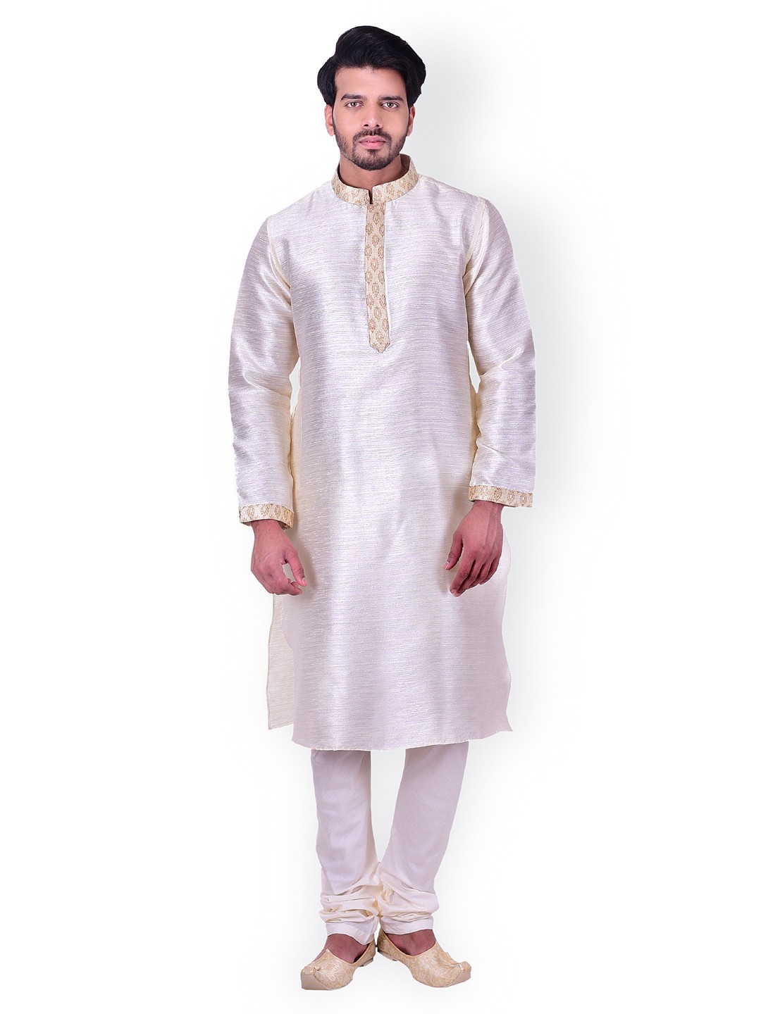 

Manyavar Men Off-White & Brown Self Design Kurta with Churidar