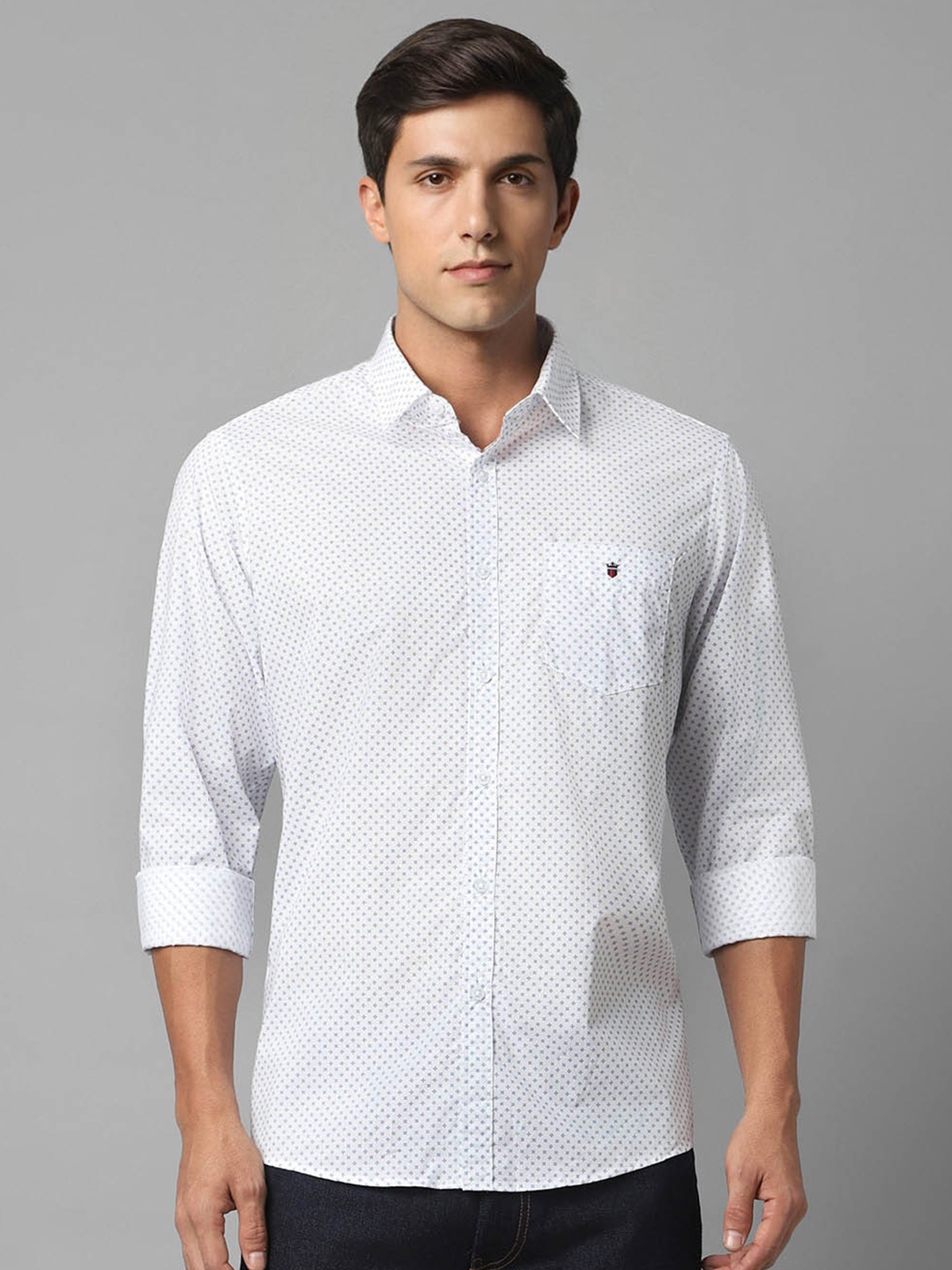 Louis Philippe Sport Slim Fit Micro Ditsy Printed Spread Collar Pure Cotton Casual Shirt, White
