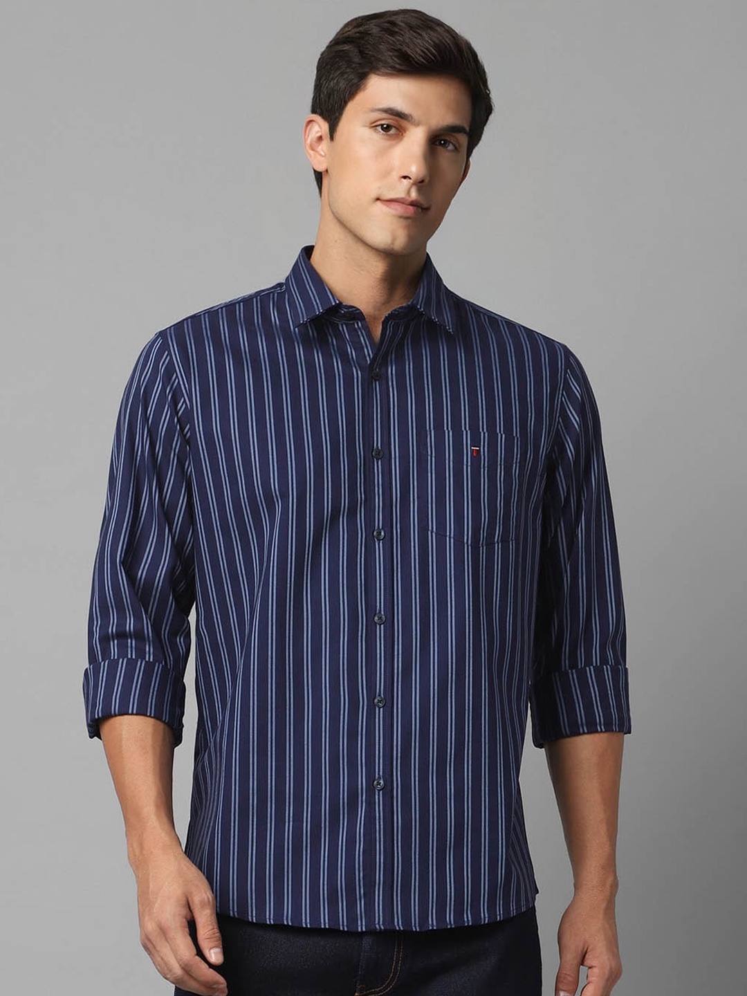 

Louis Philippe Sport Striped Slim Fit Opaque Cotton Casual Shirt, Navy blue