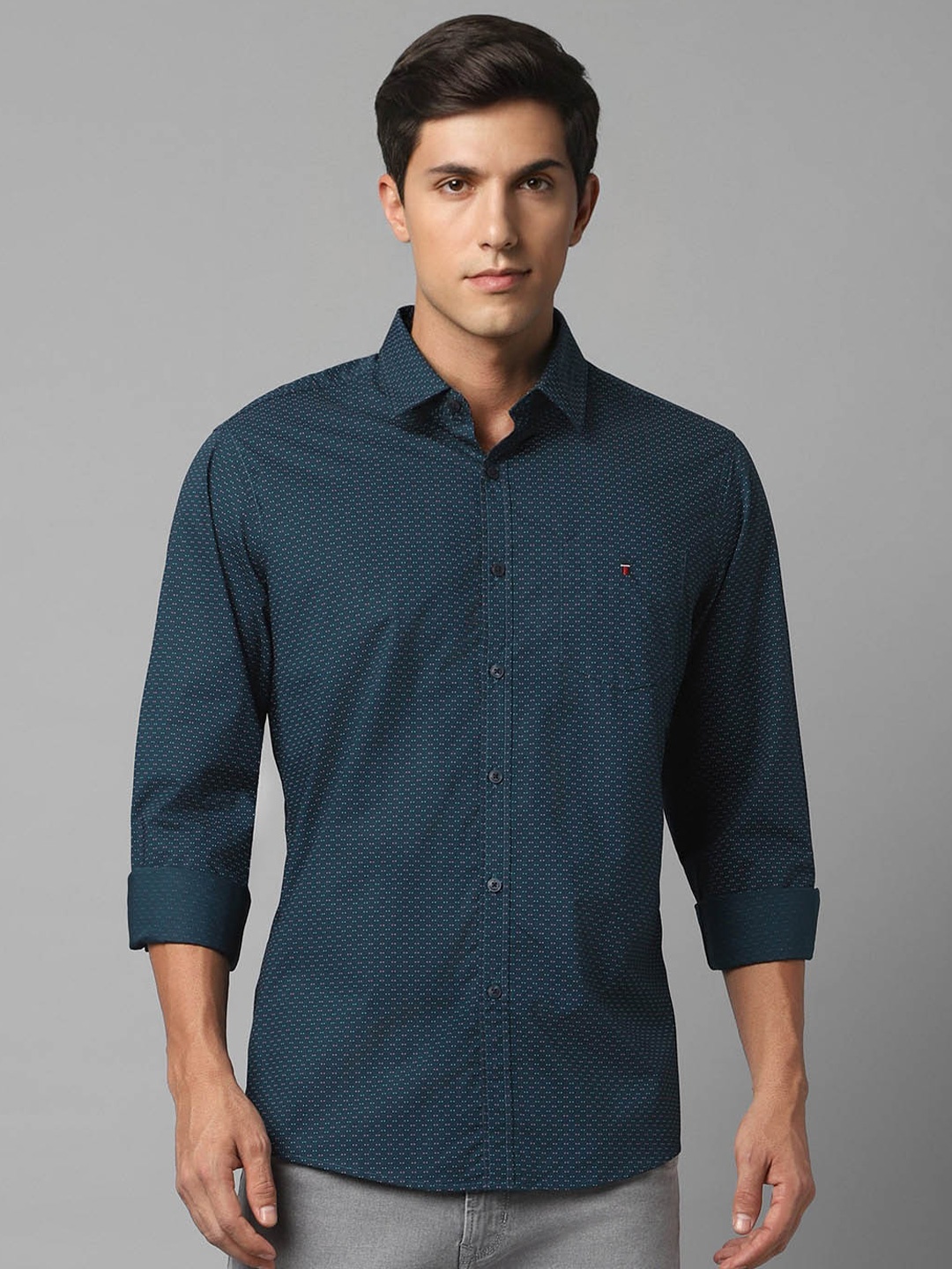 

Louis Philippe Sport Slim Fit Micro Ditsy Printed Spread Collar Cotton Casual Shirt, Blue
