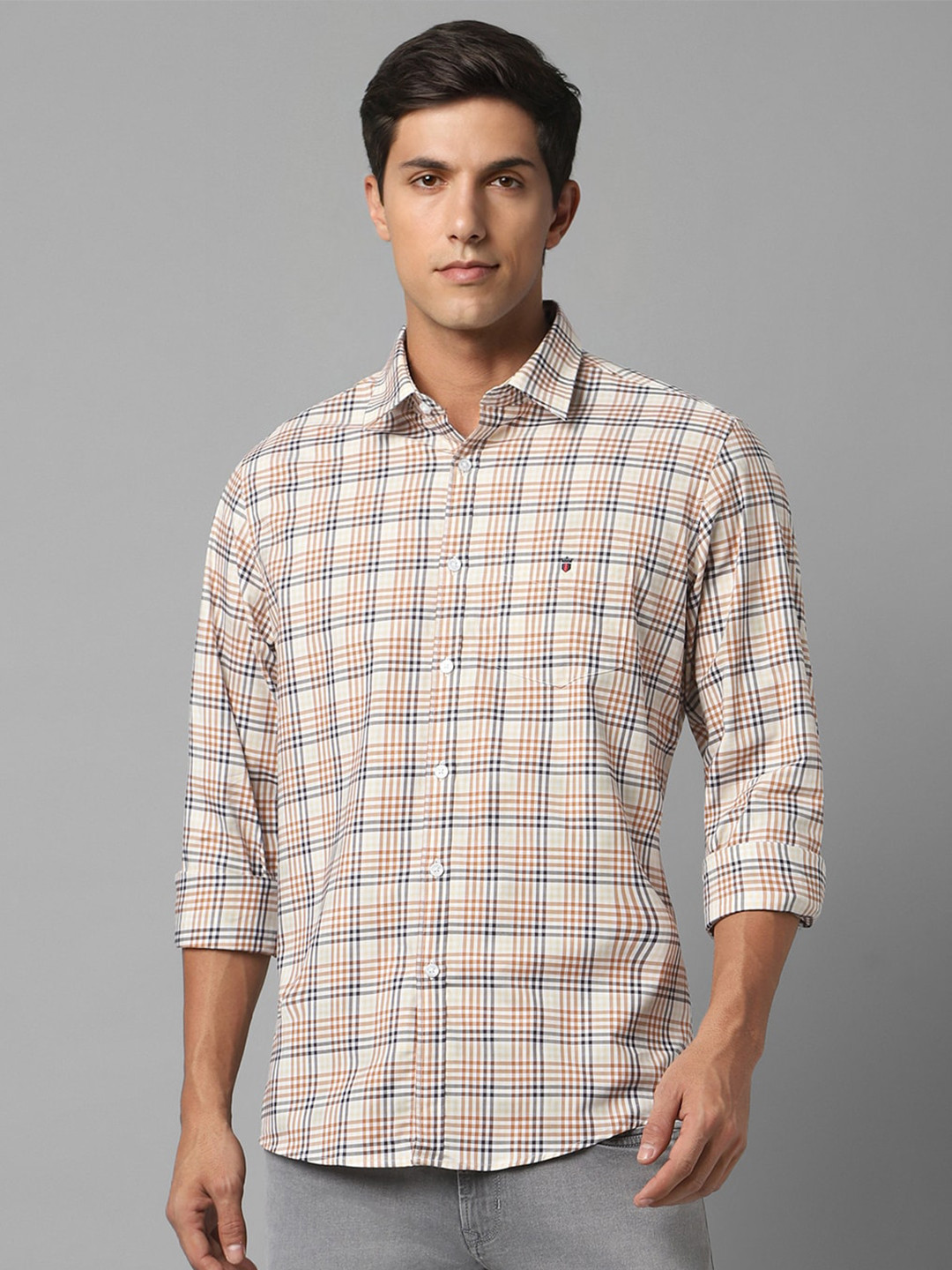 

Louis Philippe Sport Tartan Checked Spread Collar Pure Cotton Casual Shirt, Cream