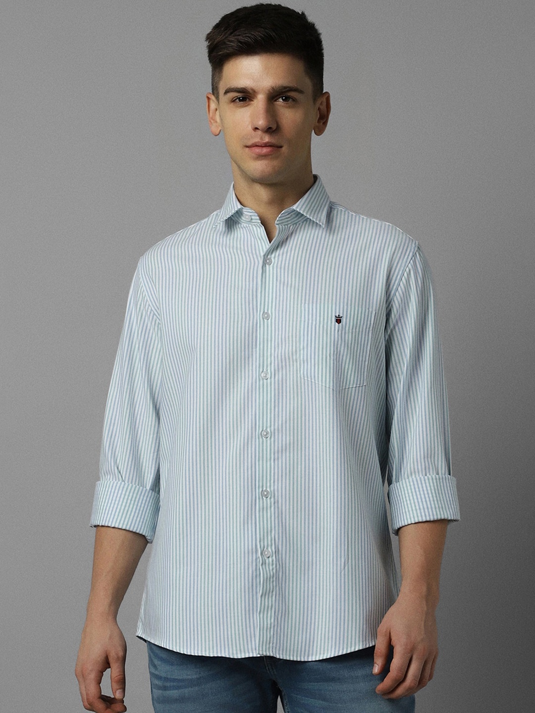 

Louis Philippe Sport Striped Slim Fit Opaque Cotton Casual Shirt, Blue