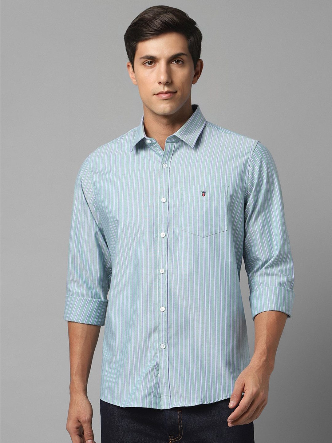 

Louis Philippe Sport Slim Fit Striped Spread Collar Cotton Casual Shirt, Blue