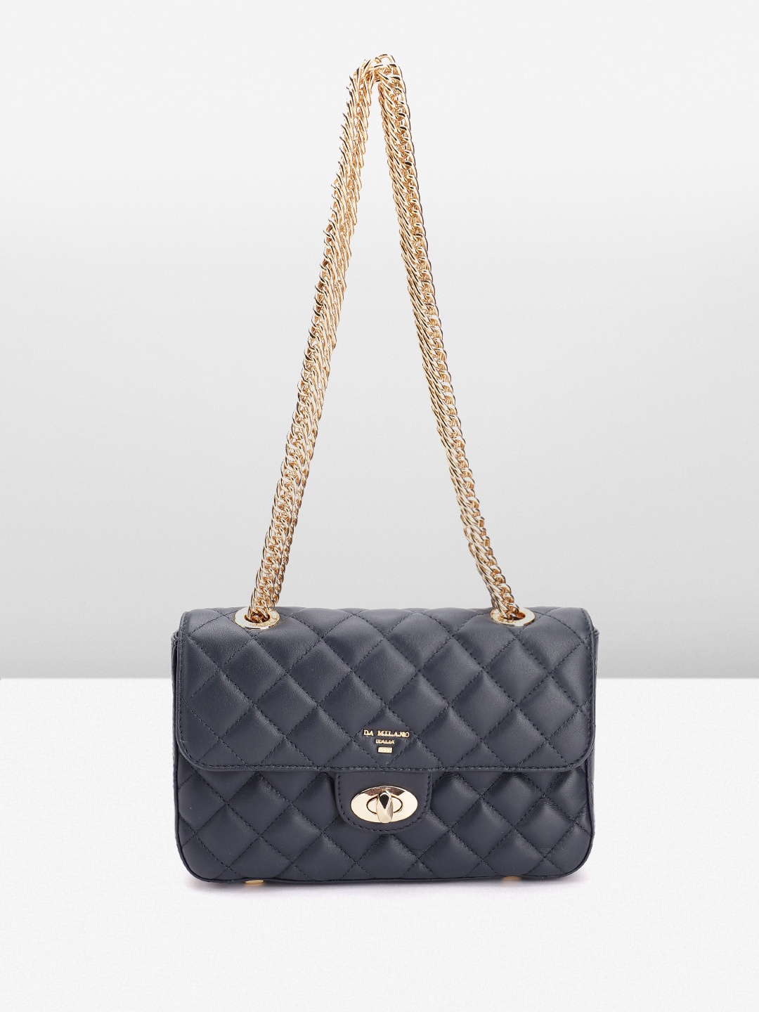 

Da Milano Leather Structured Shoulder Bag with Quilted Detail, Navy blue