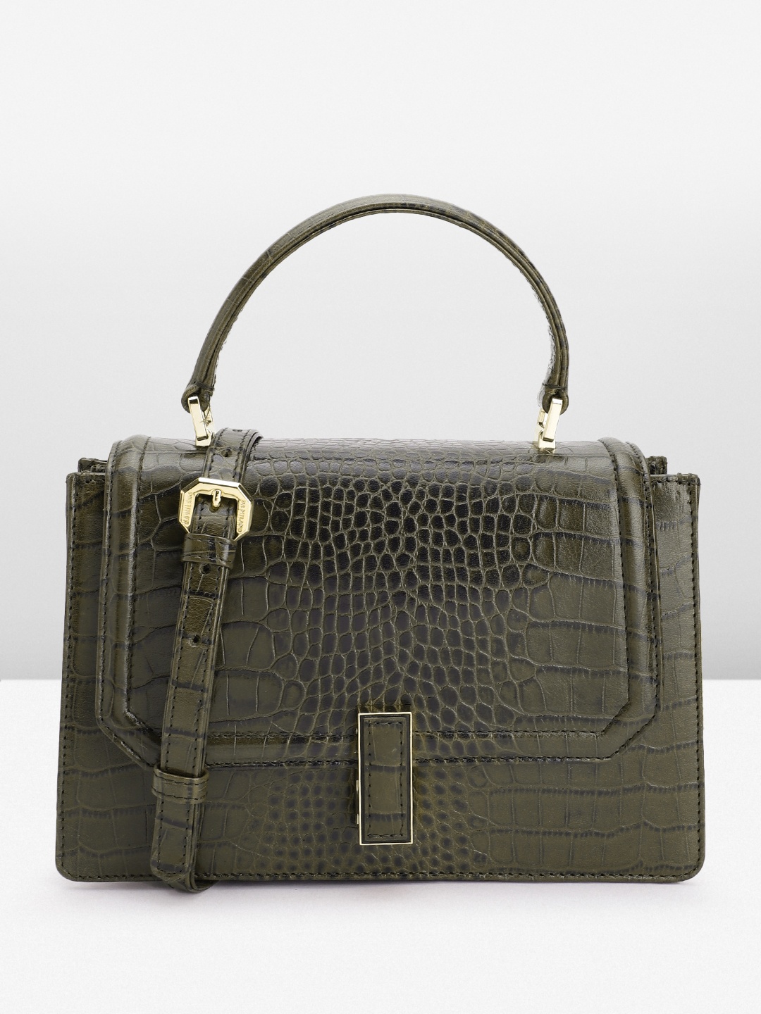 

Da Milano Croc Textured Leather Structured Satchel Bag, Olive