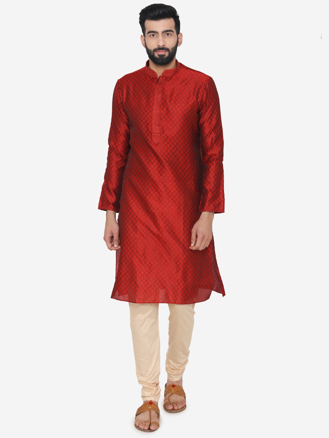 

Manyavar Men Maroon And Beige Self Design Kurta with Churidar