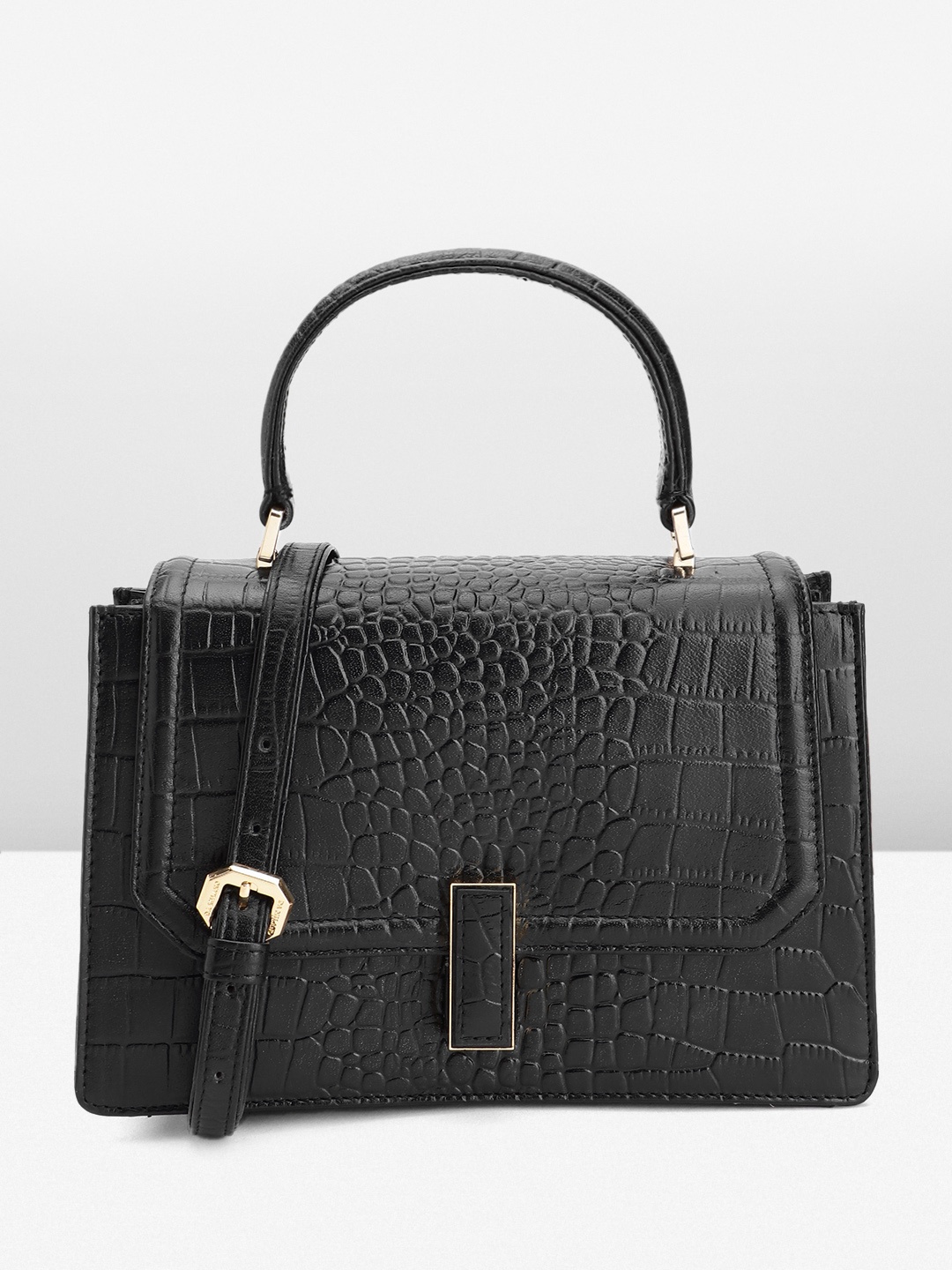 

Da Milano Croc-Textured Leather Structured Satchel, Black