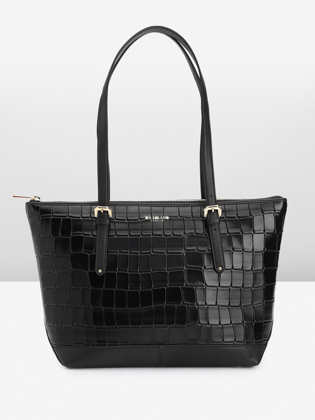 

Da Milano Croc Textured Leather Structured Shoulder Bag, Black