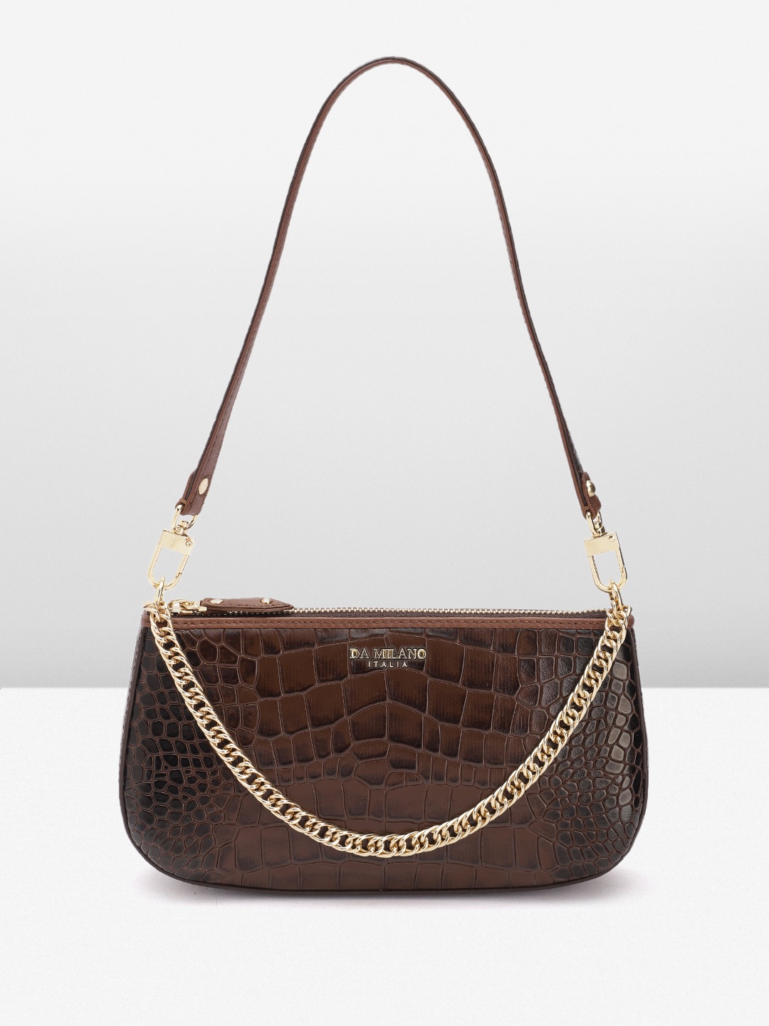 

Da Milano Croc Textured Leather Structured Shoulder Bag, Coffee brown