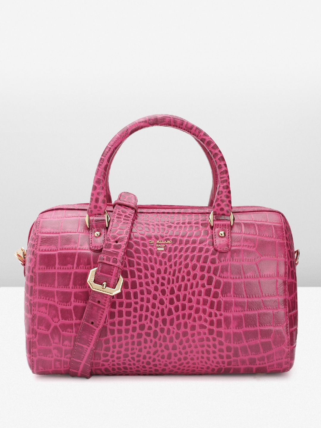

Da Milano Croc-Textured Leather Bowling Handheld Bag, Pink