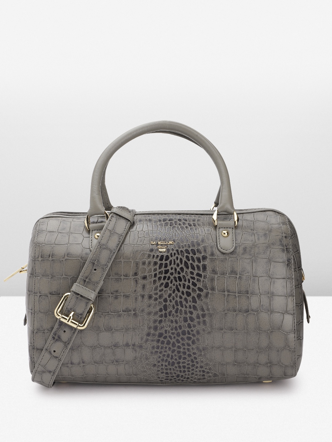 

Da Milano Croc-Textured Leather Bowling Handheld Bag, Grey
