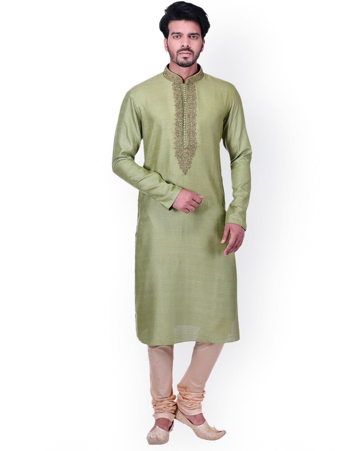 

Manyavar Men Pista Green & Beige Self Design Kurta with Churidar