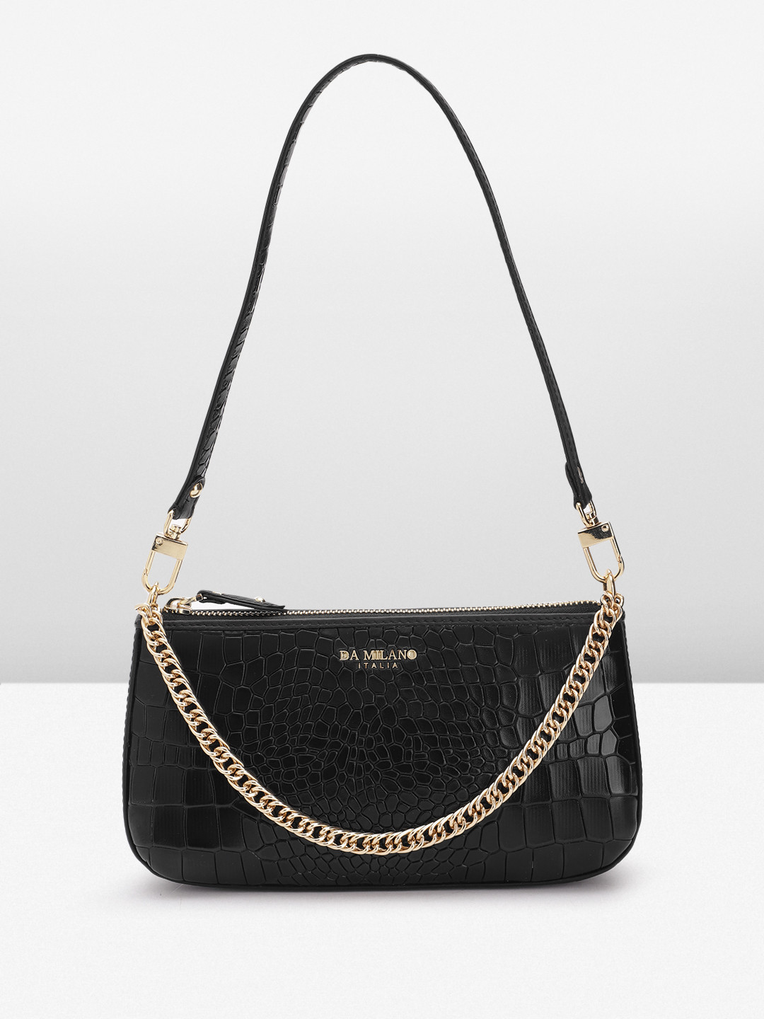 

Da Milano Croc-Textured Leather Structured Baguette Bag, Black