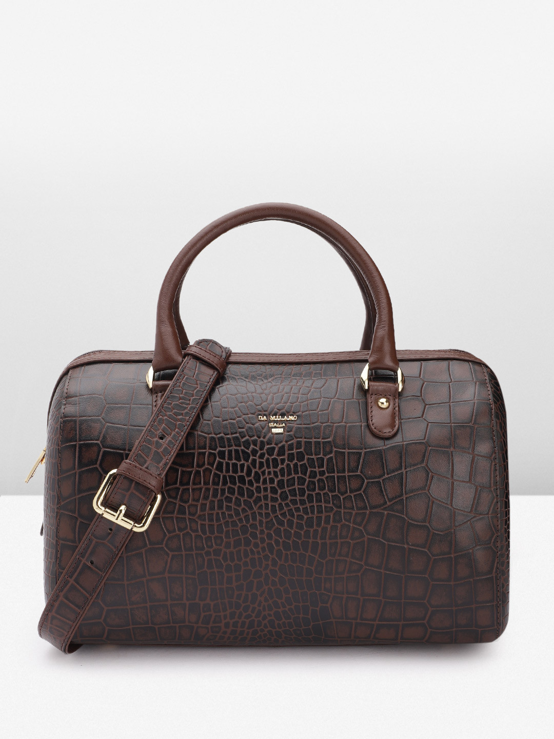 

Da Milano Croc-Textured Leather Bowling Handheld Bag, Coffee brown