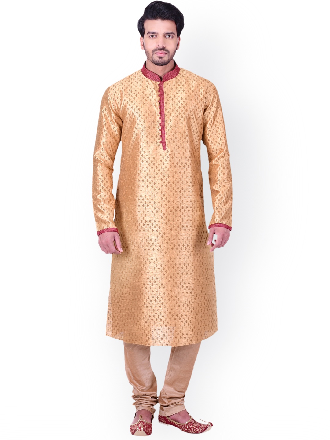 

Manyavar Men Beige & Maroon Self Design Kurta with Churidar