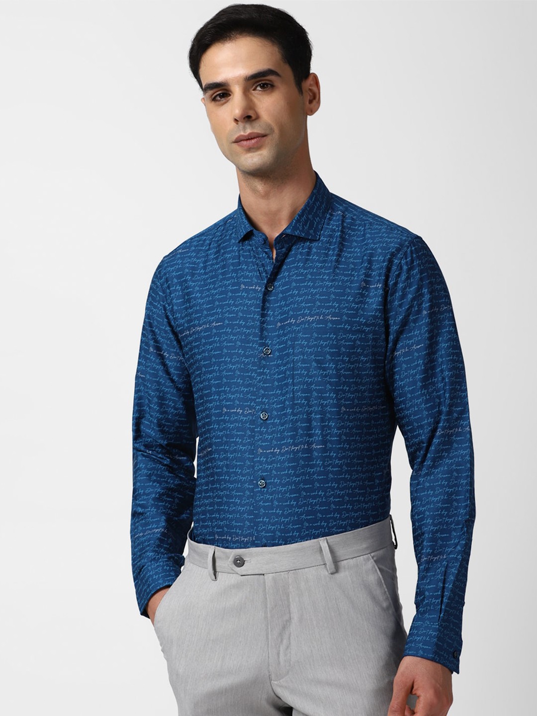 

Peter England Typography Printed Slim Fit Pure Cotton Formal Shirt, Blue