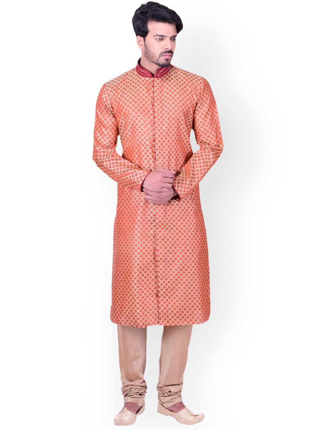 

Manyavar Men Beige & Red Self Design Kurta with Churidar