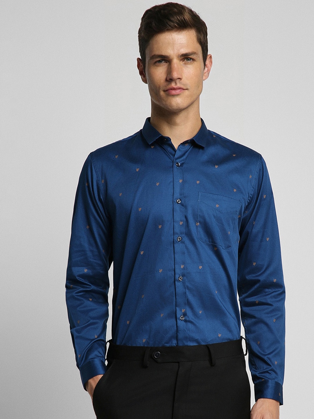Peter England Micro Ditsy Printed Pure Cotton Slim Fit Formal Shirt, Navy blue