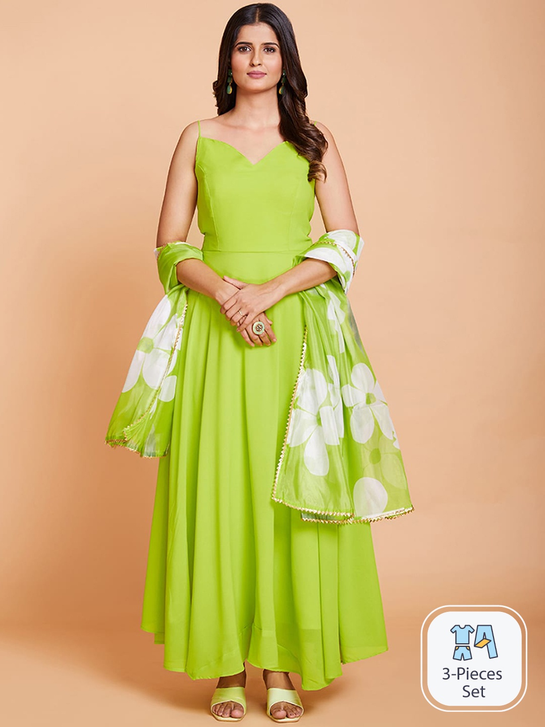 

ODETTE Sleeveless Georgette Anarkali Kurta, Green