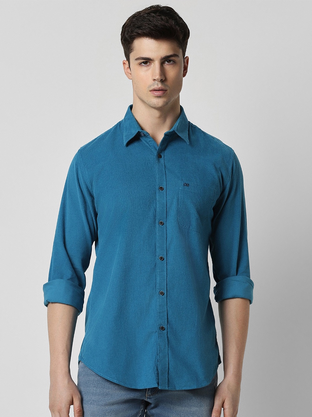 Peter England Casuals Slim Fit Spread Collar Pure Cotton Casual Shirt, Blue