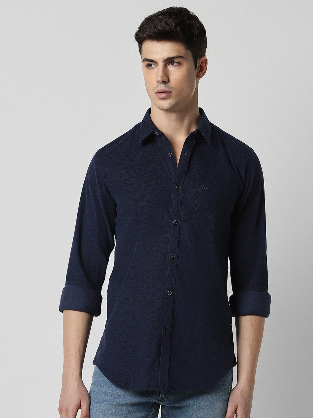 

Peter England Casuals Slim Fit Spread Collar Pure Cotton Casual Shirt, Navy blue