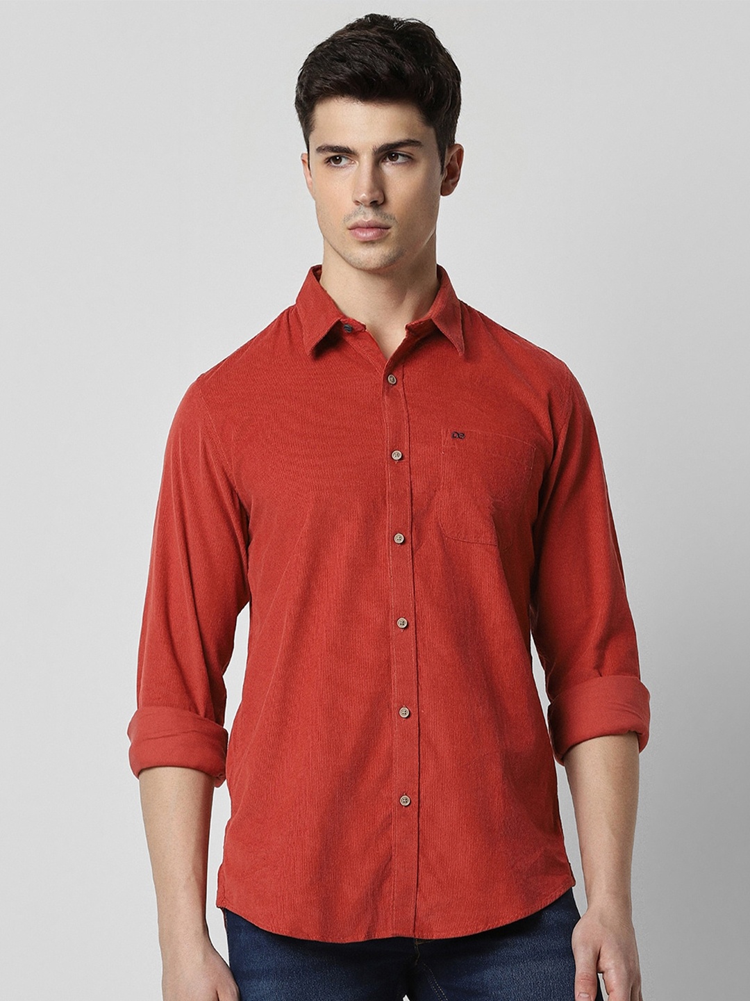 Peter England Casuals Slim Fit Opaque Pure Cotton Casual Shirt, Red