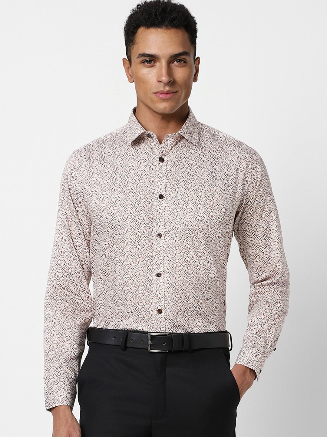 

V Dot Slim Fit Floral Printed Spread Collar Long Sleeves Pure Cotton Formal Shirt, Beige
