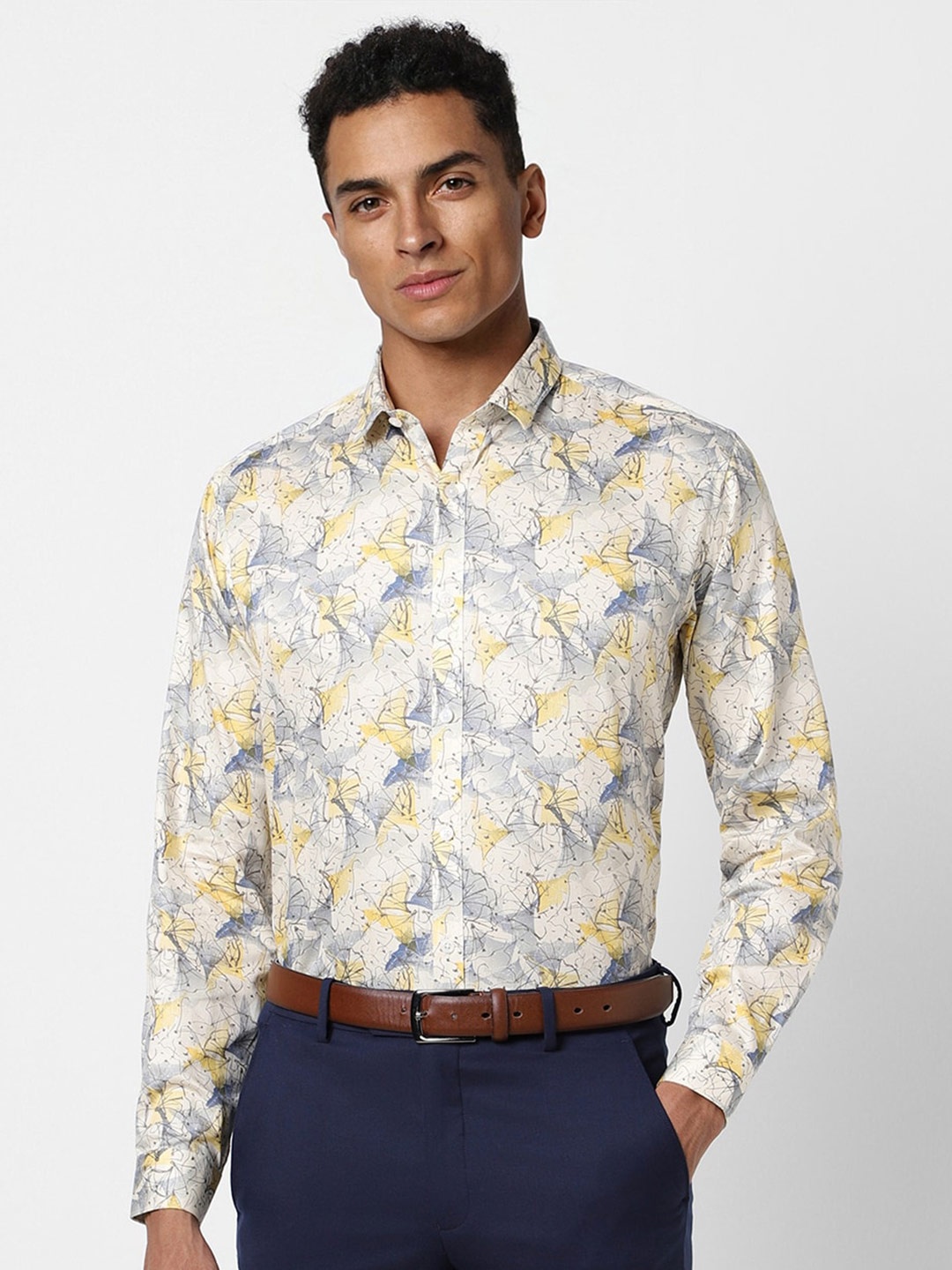 

V Dot Slim Fit Floral Printed Pure Cotton Formal Shirt, Beige