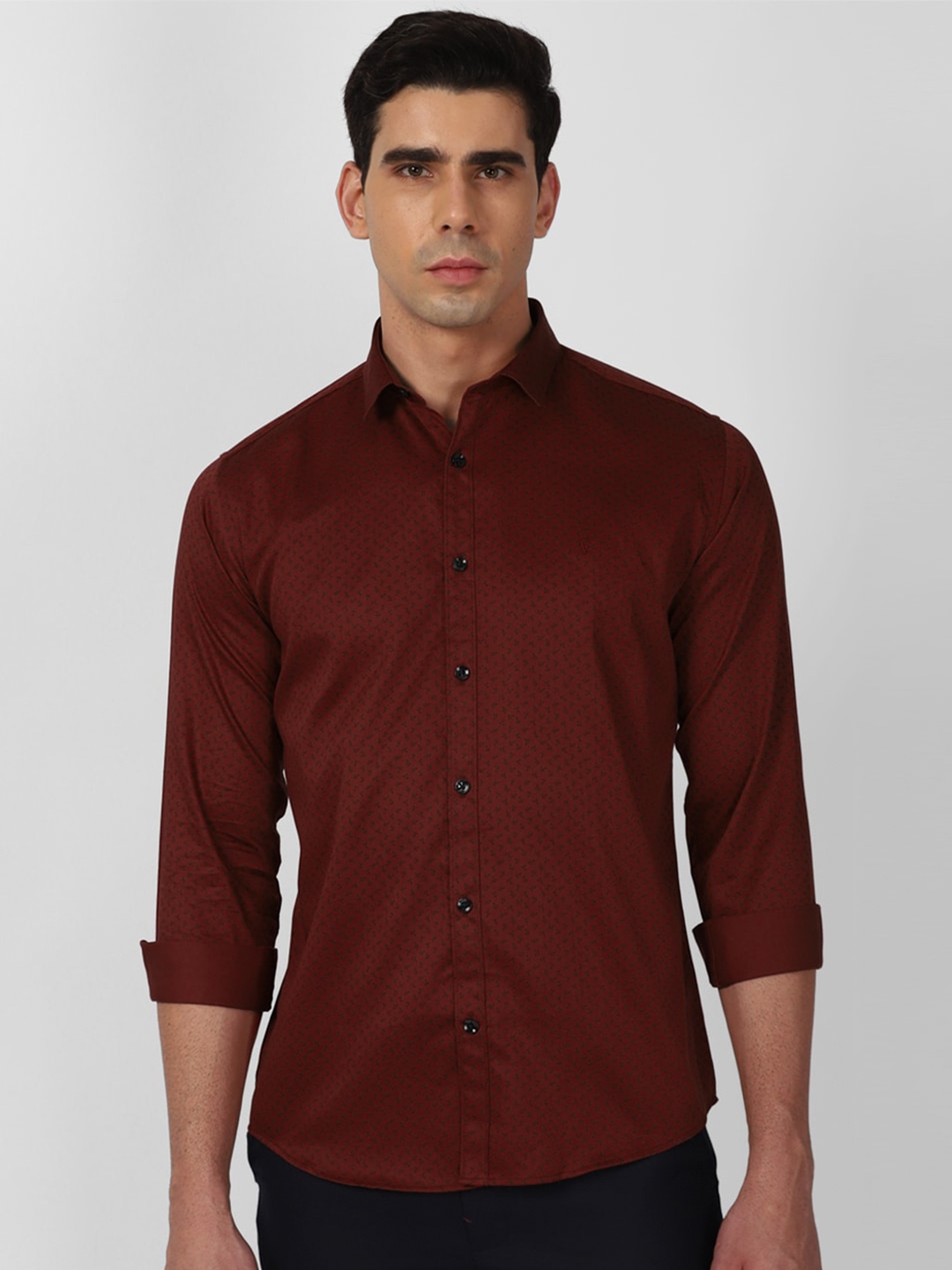 

V Dot Slim Fit Micro Ditsy Printed Spread Collar Long Sleeves Pure Cotton Formal Shirt, Maroon